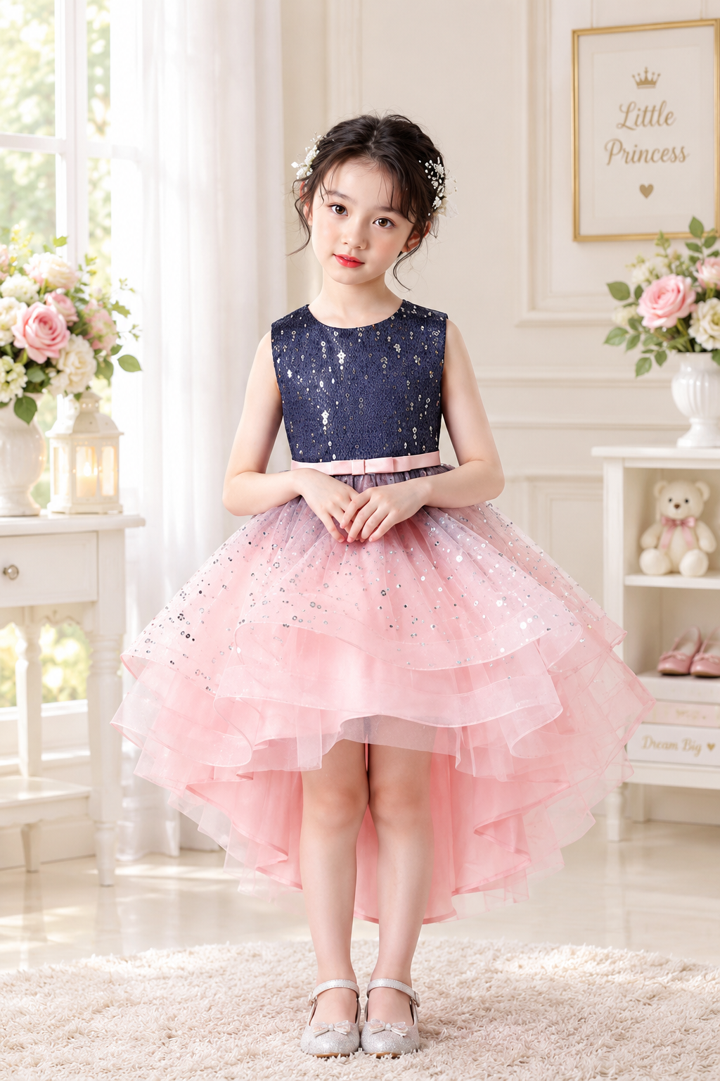 Navy Blue & Blush Pink Sparkle Frock - Image 2