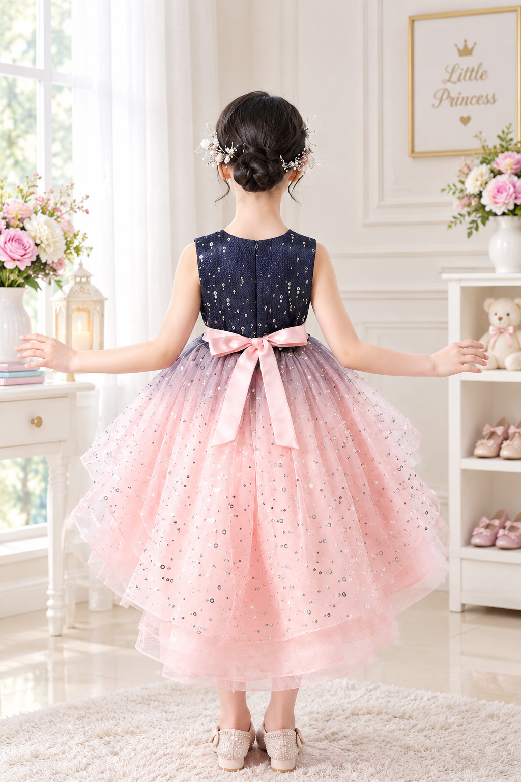 Navy Blue & Blush Pink Sparkle Frock - Image 3