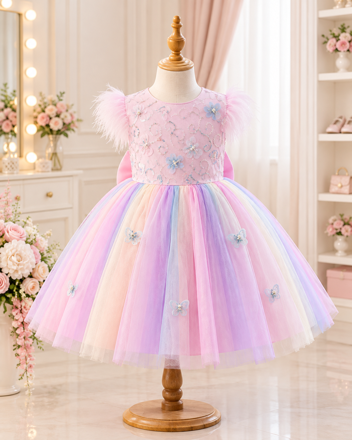 Pastel Rainbow Floral Feather Tulle Frock - Image 3