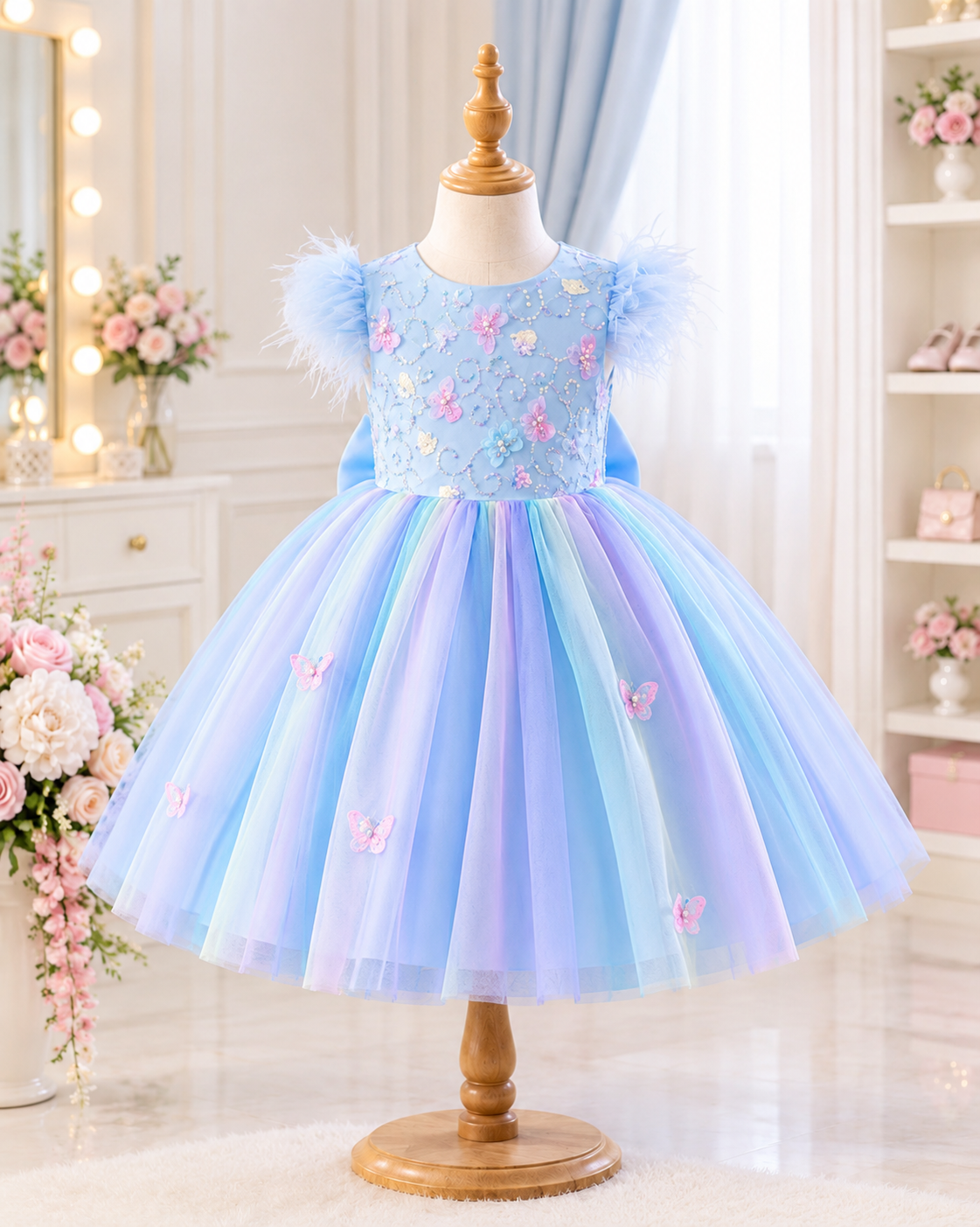 Pastel Rainbow Floral Feather Tulle Frock