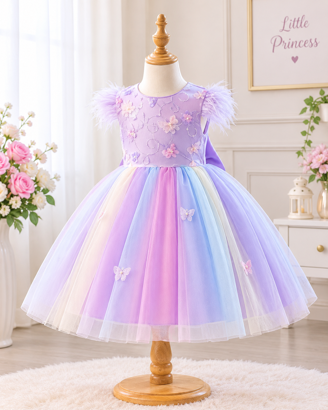 Pastel Rainbow Floral Feather Tulle Frock - Image 2
