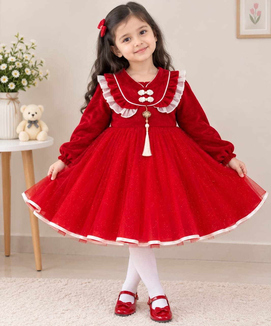 Glitter Ruffle Neckline & Tassel Princess Frock