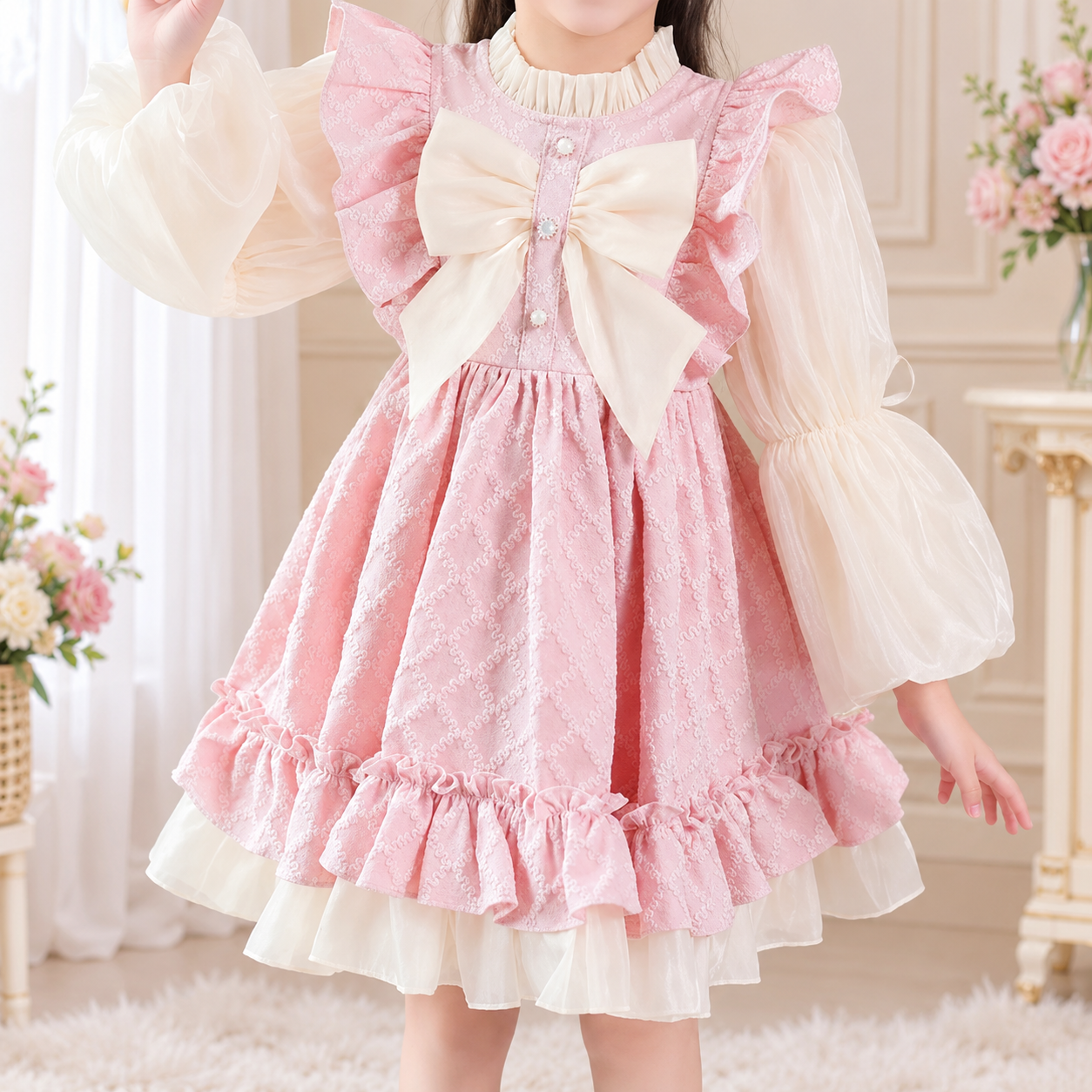 Elegant Princess Frock with Ivory Bow - Image 2