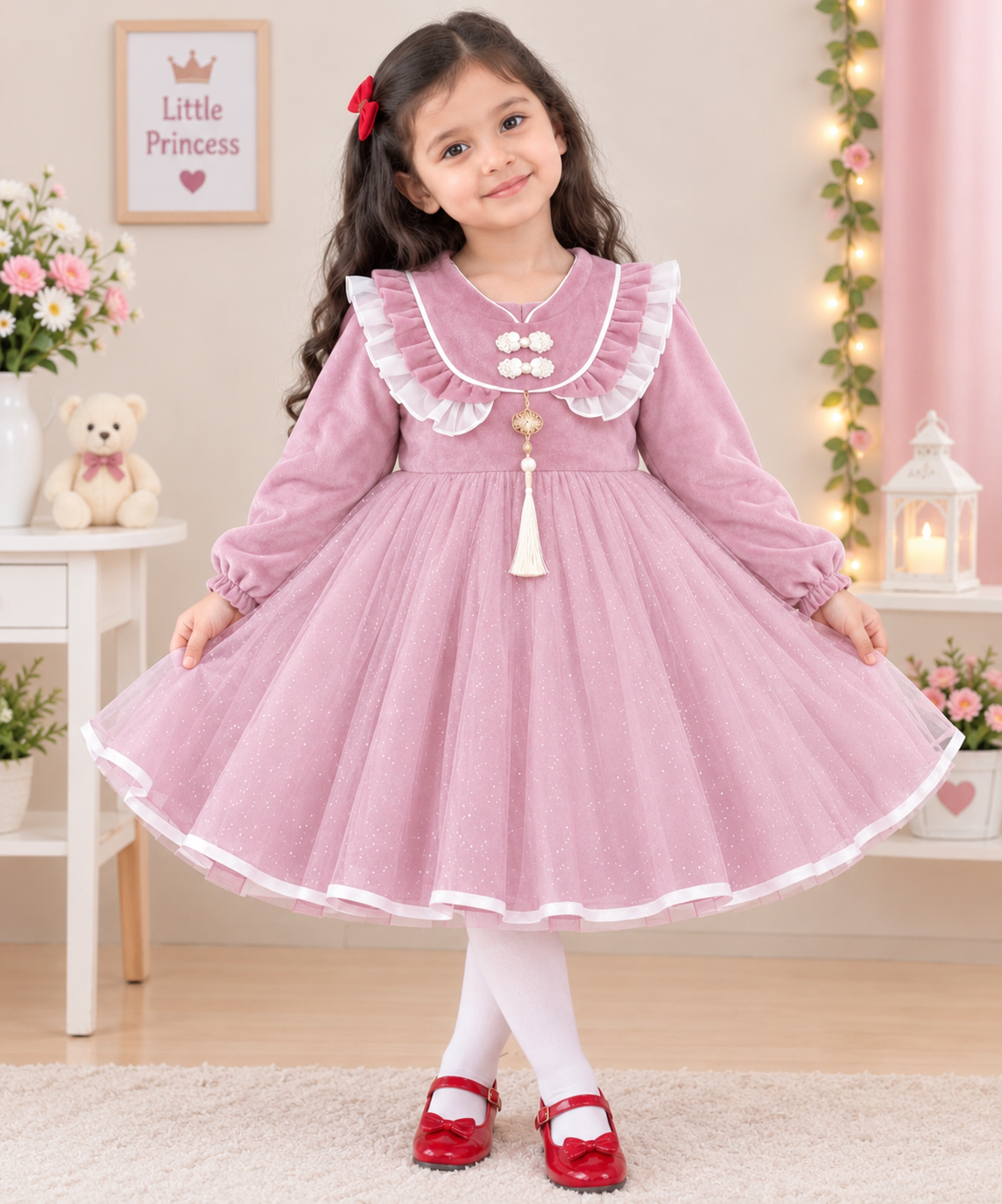 Glitter Ruffle Neckline & Tassel Princess Frock
